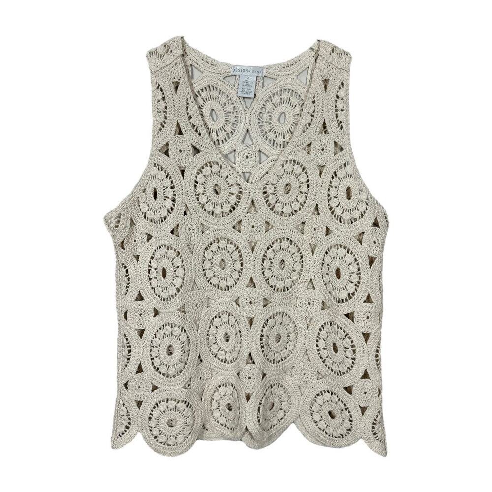 Vintage Design History Cream Crochet V-Neck Tank Top Medium Sleeveless Boho Fall